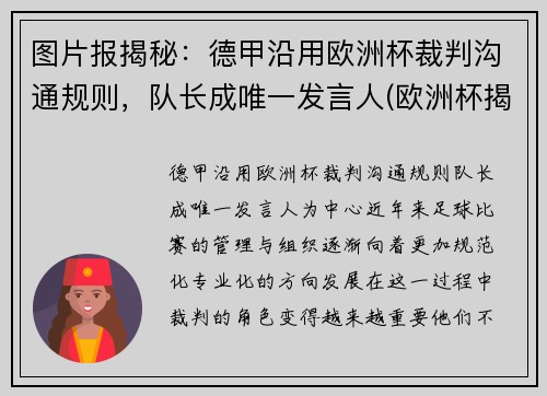 图片报揭秘：德甲沿用欧洲杯裁判沟通规则，队长成唯一发言人(欧洲杯揭幕战主裁判)