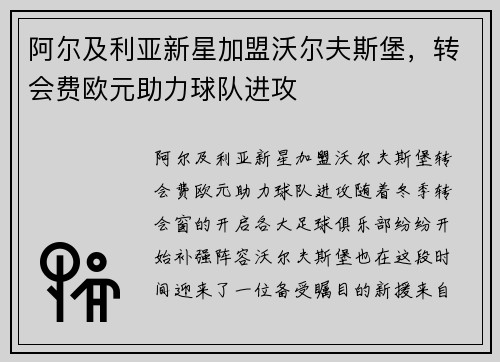 阿尔及利亚新星加盟沃尔夫斯堡，转会费欧元助力球队进攻